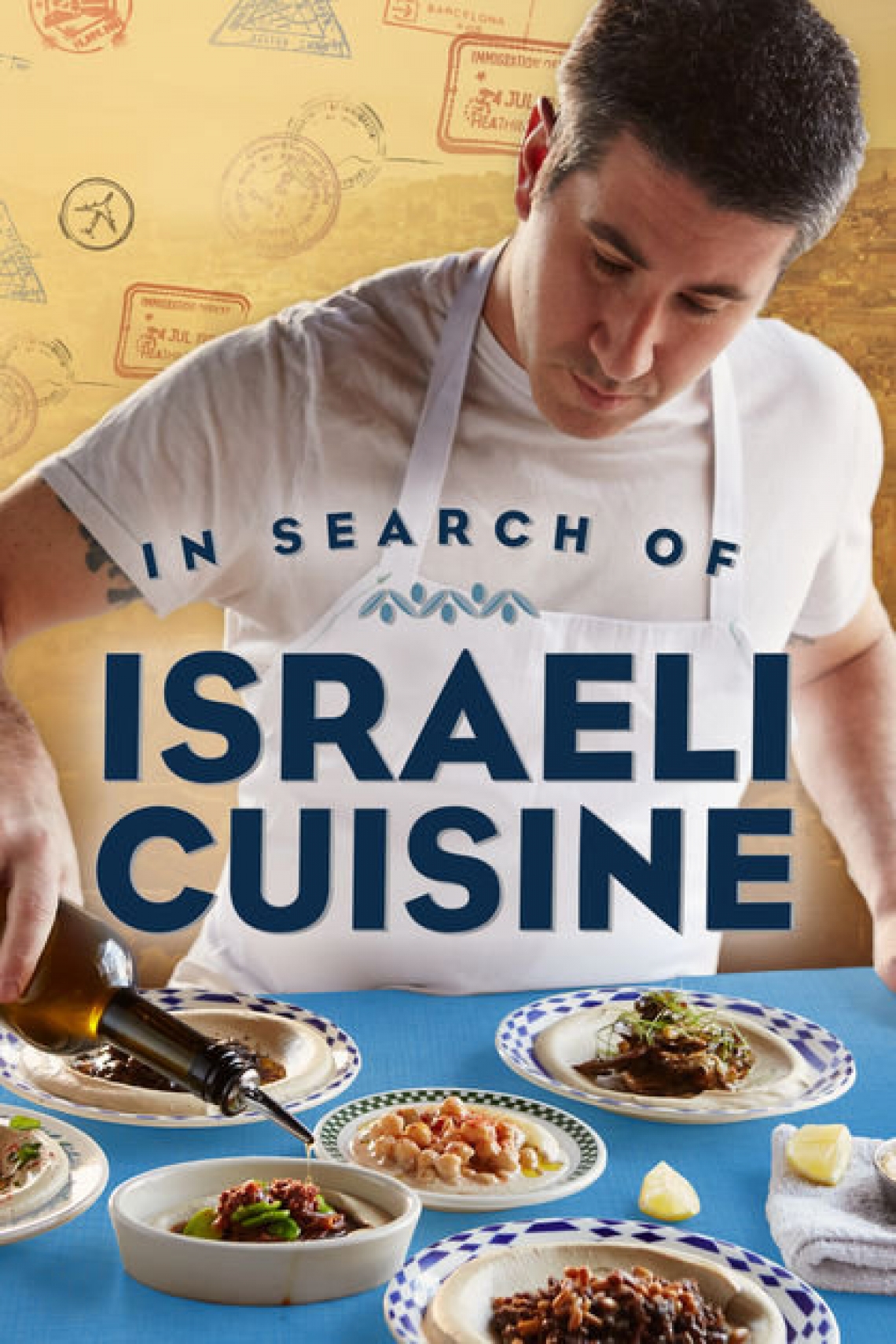 Film poster with chef pouring olive oil on different kinds of dishes